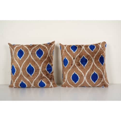 Set Tan and Blue Silk Ikat Velvet Pillow, Handmade Gift | Cushion in Pillows by Vintage Pillows Store. Item made of cotton