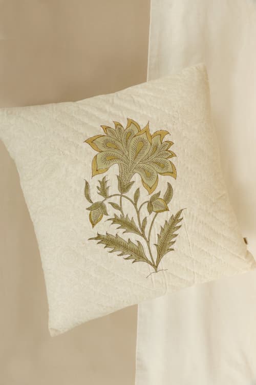 Green Oasis Block Print Cushion | Pillows by Ninéh