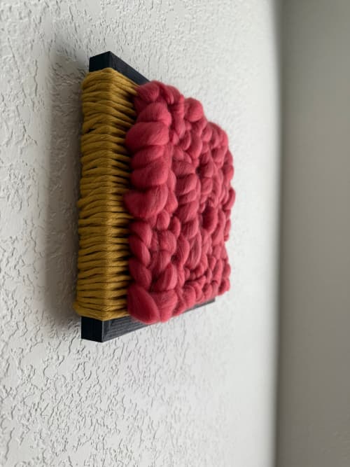 Woven Tile- Fluff- Mustard and Coral | Wall Sculpture in Wall Hangings by Mpwovenn Fiber Art by Mindy Pantuso