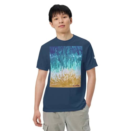 Unisex T-Shirt - Good Tidings - Fluid Blue Gold Ocean Art | Work by Eman's Gallery