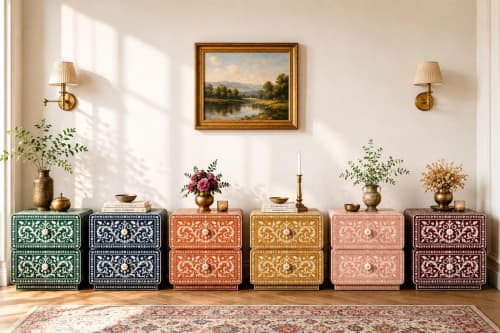 Handmade Bone Inlay Nightstand 2 Drawer Boho Moroccan Bedside Table | Storage by IKKAZA