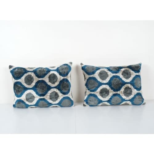 Blue Ikat Velvet Pillow Set of Two Silk Lumbar Cushion Cove by