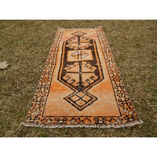 Vintage Turkish Small Rug Mat With Rich Border 1'8" X 3'3" | Rugs by Vintage Pillows Store. Item made of cotton with fiber