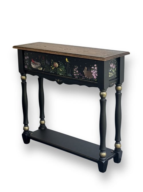 Hand-Painted Solid Wood Console Table – Custom Garden Scene Furniture, Black Entryway Console, Collectible Art | Tables by Birds and Gardens Inc. Item composed of oak wood in boho or country & farmhouse style