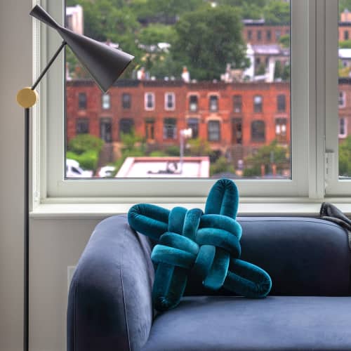 Petrol Velvet Knot Pillow | Pillows by Knots Studio