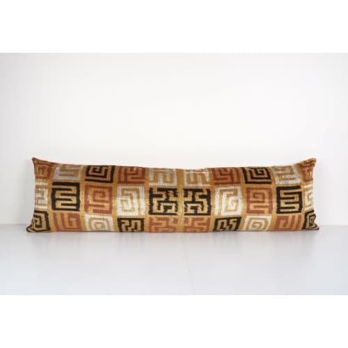Silk Ikat Velvet Pillow, Extra Long Gold Silk Ikat Lumbar Cu | Cushion in Pillows by Vintage Pillows Store