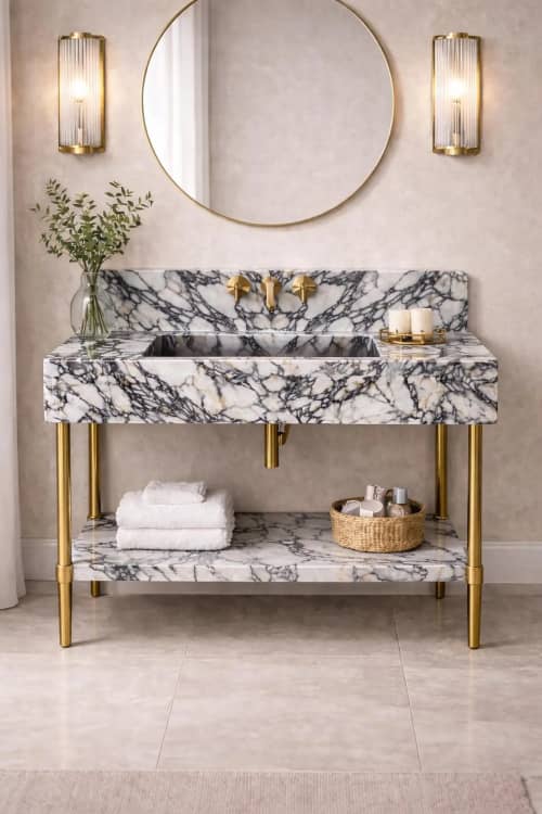 Handmade Calacatta Viola Marble Sink with Brass Legs | Water Fixtures by Vero Marble