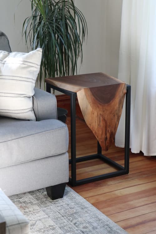 Live Edge Walnut Waterfall Cube Side Table | Tables by Hazel Oak Farms. Item made of walnut with metal