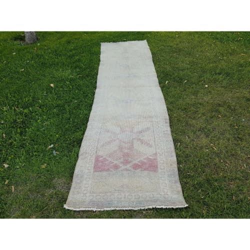 Mid 20th Century Faded Vintage Herki Runner - Designer | Runner Rug in Rugs by Vintage Pillows Store. Item composed of cotton and fiber