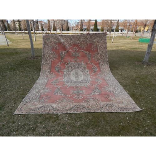 Area Rug, Distressed Antique Oushak Rug, Large Vintage Rug | Rugs by Vintage Pillows Store. Item composed of cotton and fiber