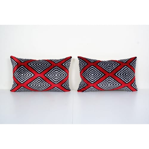 Set of Two Silk Ikat Velvet Pillow, Matching Red Uzbek Ikat | Sham in Linens & Bedding by Vintage Pillows Store. Item composed of cotton and fiber
