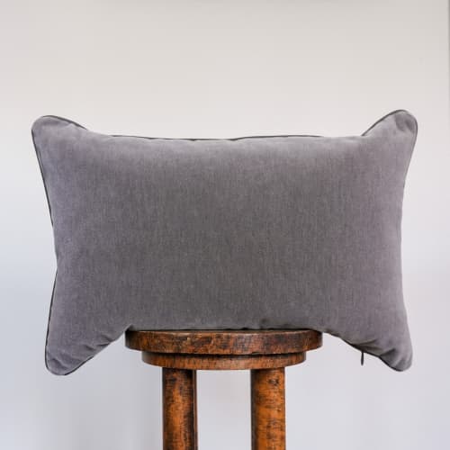 Soft Grey Mohair with Grey Brown Leather Welt Pillow 16x24 | Pillows by Vantage Design