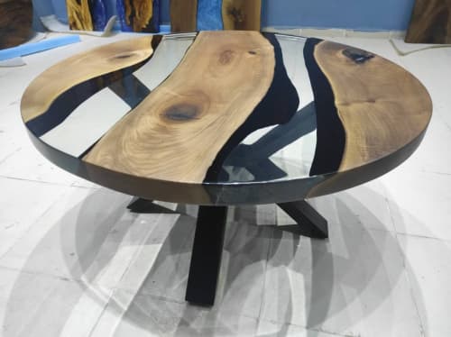 Custom Order 40" Diameter, Round Walnut Wood, Clear Epoxy | Dining Table in Tables by LuxuryEpoxyFurniture. Item made of wood with synthetic