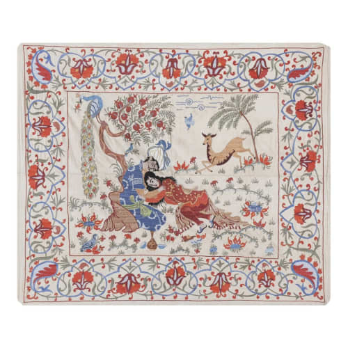 Vintage Folk Art Silk Human Pictorial Suzani From Uzbekistan | Tablecloth in Linens & Bedding by Vintage Pillows Store