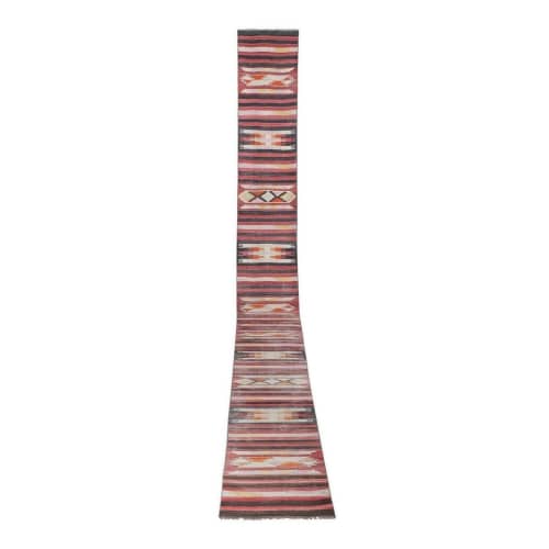 Hand-Woven Pink, Orange, Black and Yellow Color Turkish | Runner Rug in Rugs by Vintage P. Item made of fabric