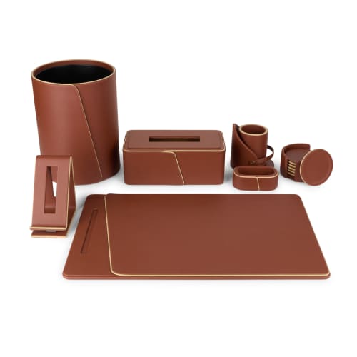 Cognac Leather Office Set | Decorative Objects by Rikan