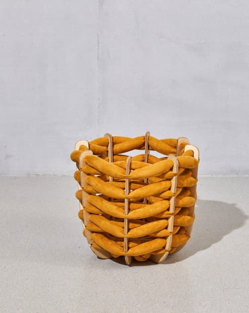 (M) Hull Basket in Desert Yellow Suede | Storage Basket in Storage by Knots Studio. Item composed of wood & fabric