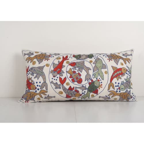 Animal Motif Suzani Pillow, Vintage Fish Motif Embroidered H | Cushion in Pillows by Vintage Pillows Store