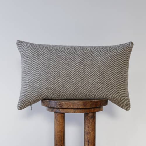 Cream & Charcoal Brown Herringbone Wool Lumbar Pillow 12x20 | Pillows by Vantage Design