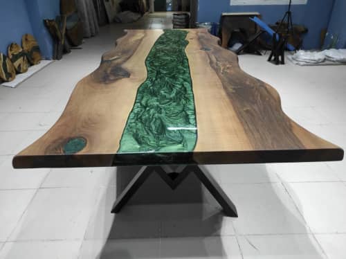 Live Edge Metallic Green  Walnut Tree Epoxy Resin Table | Dining Table in Tables by LuxuryEpoxyFurniture. Item composed of walnut and synthetic