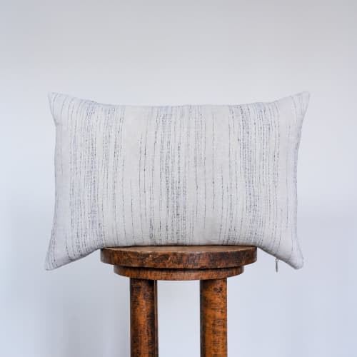 Navy Striations on Beige Linen Lumbar Pillow 14x20 | Pillows by Vantage Design