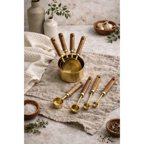 Set of 8 Acacia Wood & Gold Measuring Cups and Spoons | Cooking Utensil in Utensils by Busa Designs