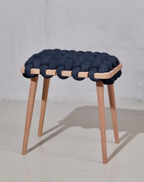 Indigo Blue Vegan Suede Woven Stool | Chairs by Knots Studio. Item made of wood with fabric