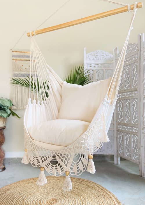 Crochet Hammock Swing Chair With Pillows | LUCIA | Chairs by Limbo Imports Hammocks. Item made of wood & cotton