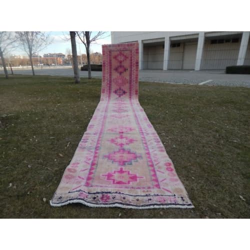 1970s Vintage Pink Turkish Kurdish Oushak Runner - Hallway | Runner Rug in Rugs by Vintage Pillows Store. Item made of cotton with fiber