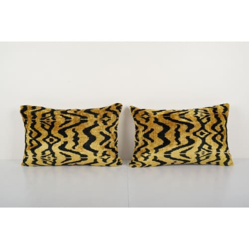 Gold Tiger Ikat Velvet Pillow, Set of Two Bengal Motifs Silk | Sham in Linens & Bedding by Vintage Pillows Store. Item made of fabric
