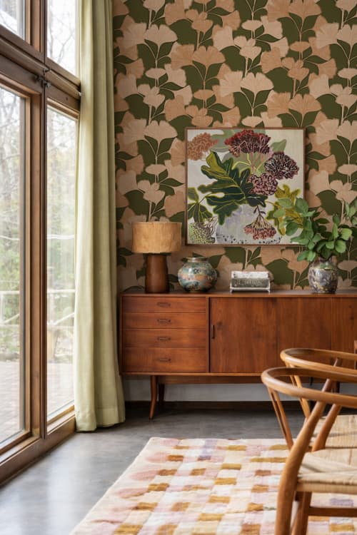 Gingko Vignette Wallpaper, olive green and peach | Wall Treatments by Samantha Santana Wallpaper & Creative Studio