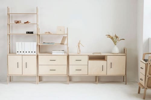 Mid Century Modern Bookcase, Mid Century Bookcase w/ drawers | Book Case in Storage by Plywood Project. Item made of oak wood works with minimalism & mid century modern style