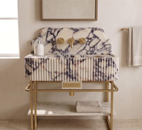 Calacatta Viola Marble Sink, Fluted Vanity, Backsplash, Luxury Powder Room | Water Fixtures by AYMARBLEDESIGN LLC