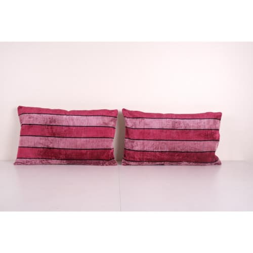 Ikat Pink Lumbar Pillow Cover - Set of Two Silk Striped Velv | Cushion in Pillows by Vintage Pillows Store