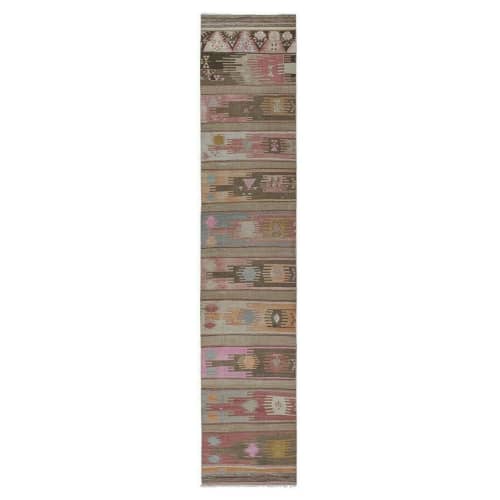 Handwoven Vintage Sivas Kilim Runner in Green Geometric | Runner Rug in Rugs by Vintage Pillows Store. Item made of cotton