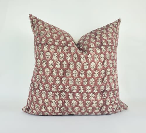 Rust block print pillow, block print red floral pillow | Pillows by velvet + linen