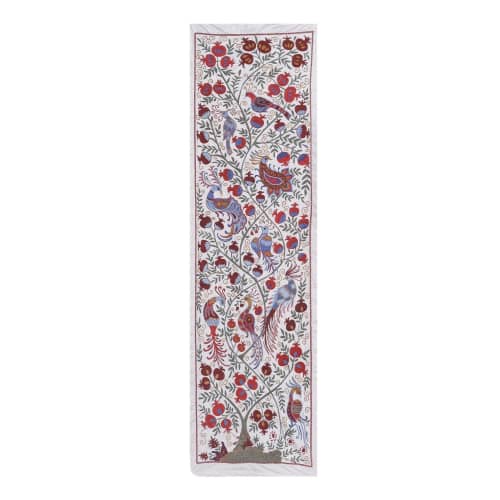 1960s White Silk on Silk Suzani Runner With Animal Motifs, C | Tablecloth in Linens & Bedding by Vintage Pillows Store