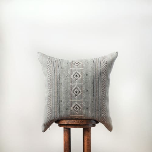 Greige, Camel, Black & White Embroidered Tribal Linen Pillow 22x22 | Pillows by Vantage Design