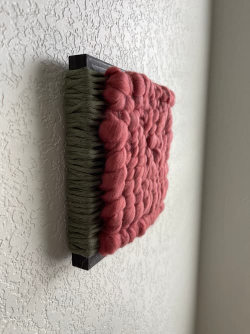 Woven Tile- Fluff-Rose and Green | Wall Sculpture in Wall Hangings by Mpwovenn Fiber Art by Mindy Pantuso