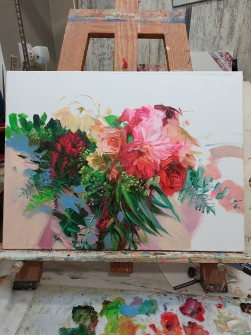 Bridal flowers bouquet painting original, Custom wedding | Oil And Acrylic Painting in Paintings by Natart. Item made of canvas with synthetic