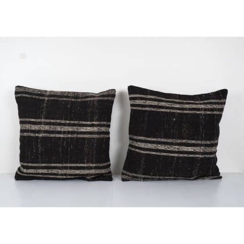 Set Vintage Mid Century Goat Hair Brown Kilim Pillow With Tr | Cushion in Pillows by Vintage Pillows Store