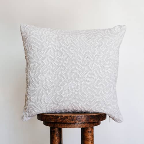 Cream and Beige Embroidered Stitch on Linen Pillow 18x18 | Pillows by Vantage Design