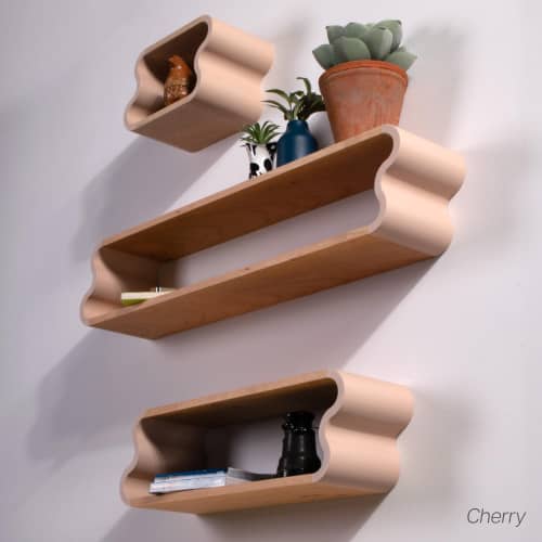 Squiggle Floating Shelves: Cherry & Ash Hardwood, Pastel Accents | Shelving in Storage by Spacecraft Furnishing. Item composed of wood and synthetic in contemporary or modern style