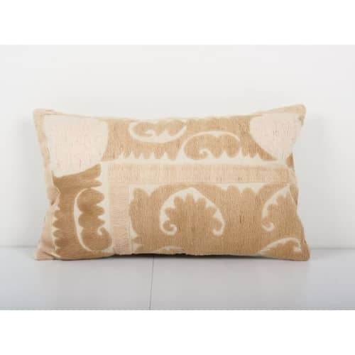Pastel Yellow Suzani Embroidery Throw Pillow, Suzani Lumbar | Cushion in Pillows by Vintage Pillows Store