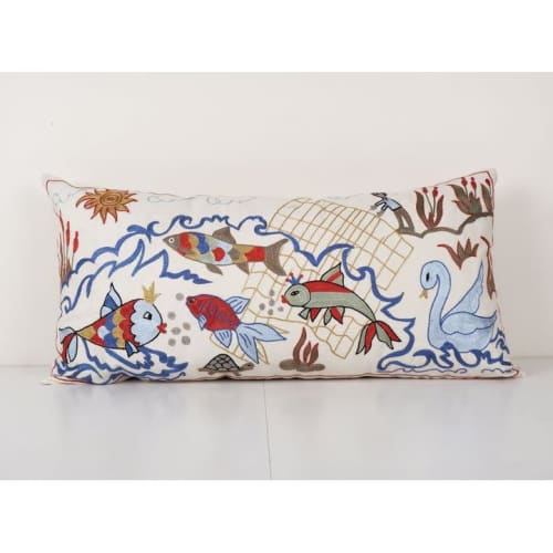 Fish Embroidery Suzani Cushion Cover, Decorative Long Uzbek | Pillows by Vintage Pillows Store