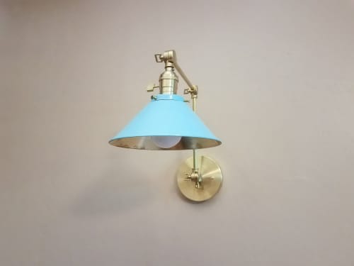 Swing Arm Adjustable Wall Light - Brass & Turquoise | Sconces by Retro Steam Works. Item made of metal compatible with industrial style