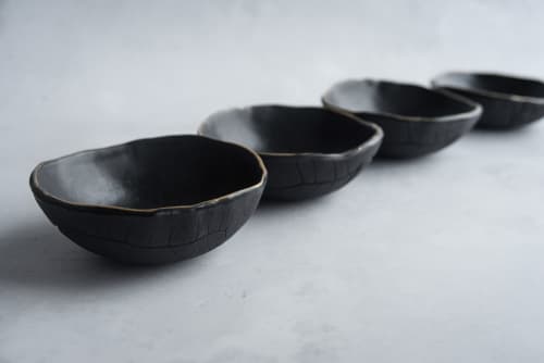 SMALL BLACK and GOLD single or set of 2  bowl with leaf patt | Dinnerware by Laima Ceramics. Item composed of stoneware in minimalism or rustic style