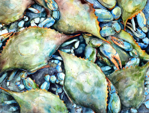 "Bluecrabs" 30x40 | Watercolor Painting in Paintings by Maya Murano Studio. Item composed of paper compatible with art deco style