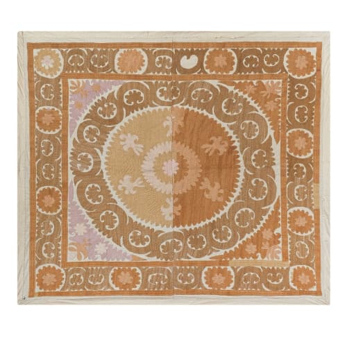 Vintage Suzani Bedspread with Pastel Colors, Tan Old Embroid | Tablecloth in Linens & Bedding by Vintage Pillows Store