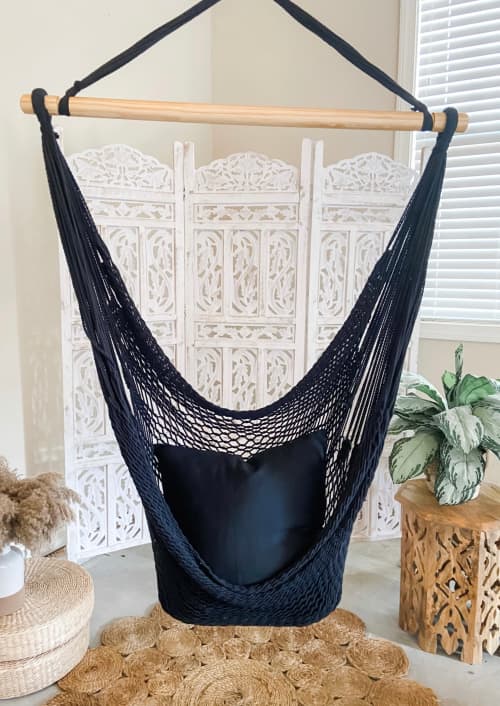 Black Macrame Woven Hammock Swing Chair | DIANA BLACK | Chairs by Limbo Imports Hammocks. Item made of wood with cotton